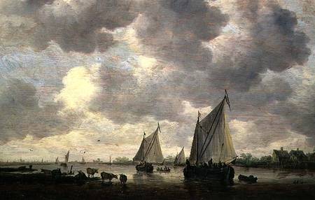 A Canal in Holland, or Two Large Sailing Ships and Cattle Near a River od Jan van Goyen