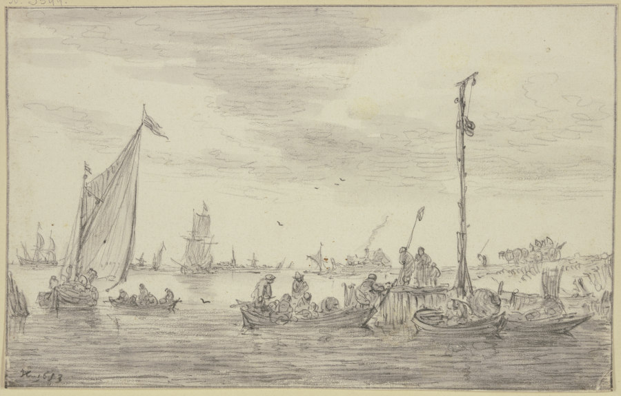 Ein hoher Signalmast halbrechts auf einer Landungsstelle, an der Ruderboote liegen od Jan van Goyen
