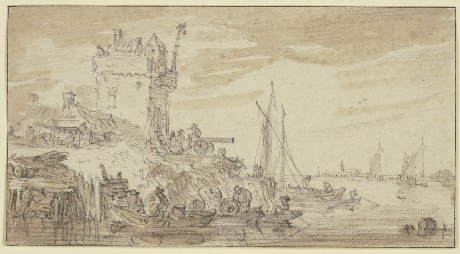 Links an einem Fluss ein befestigter Turm, dabei eine Kanone auf welcher ein Mann sitzt od Jan van Goyen