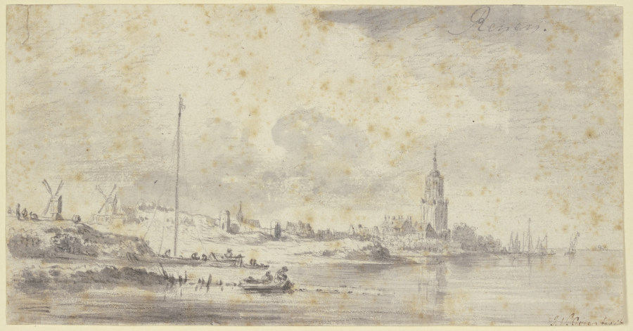 Links an einem Fluss eine Stadt mit Kirche und Festungsmauer, weiter links zwei Windmühlen od Jan van Goyen