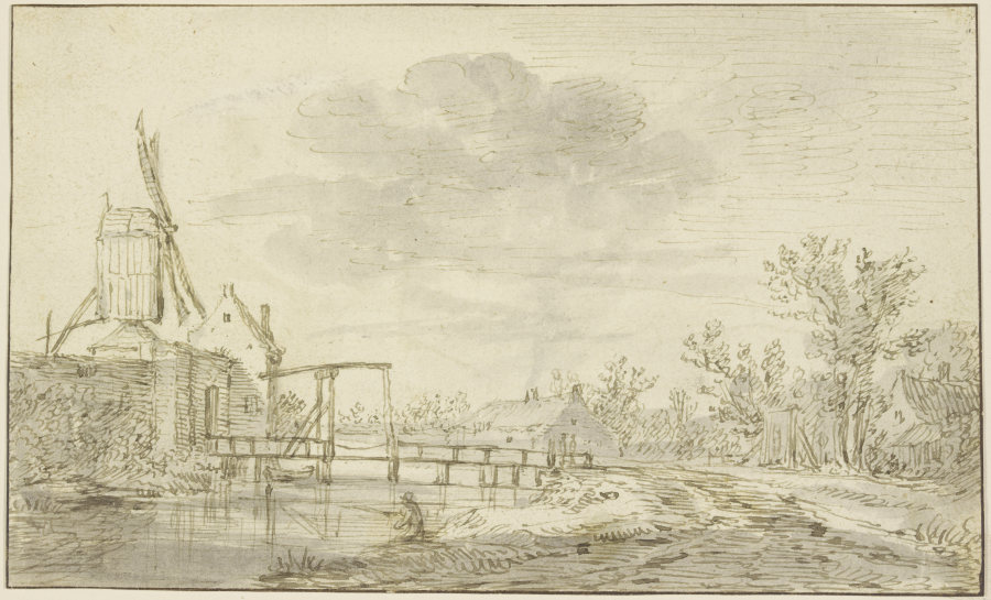 Windmühle auf einer Mauer links, zu der eine Zugbrücke über einen Bach führt od Jan van Goyen
