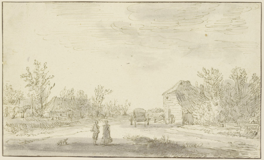 Zwei Figuren und ein Hund vorn auf einem Weg, rechts zurück hält ein Karren vor einem Gehöft, dahint od Jan van Goyen