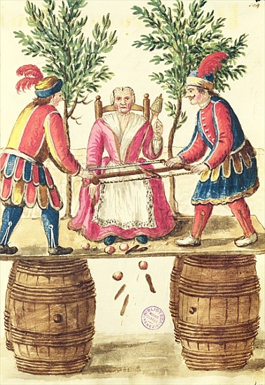 Two Venetian magicians sawing a woman in half od Jan van Grevenbroeck