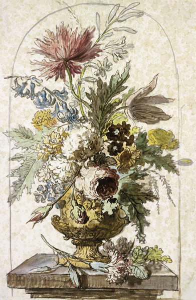 Blumenbouquet in einer Vase, vorne liegt eine Nelke od Jan van Huysum