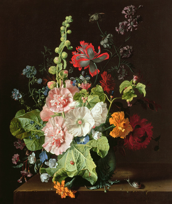 Hollyhocks and Other Flowers in a Vase od Jan van Huysum
