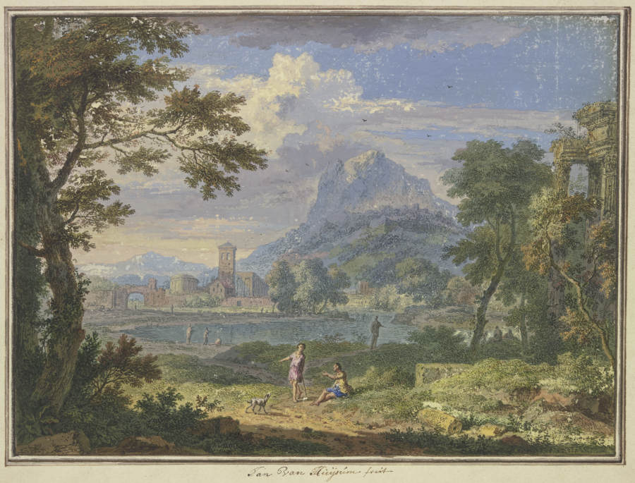 Landschaft mit einer italienischen Stadt bei einem hohen Berg, rechts die Ruine eines Tempels, im Vo od Jan van Huysum