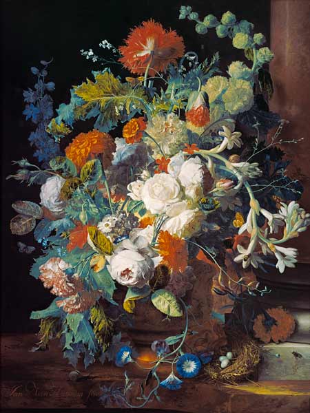 Bouquet of flowers at a column od Jan van Huysum