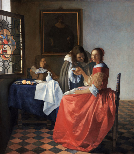 Lady drinking Wine with Two Gentlemen od Johannes Vermeer