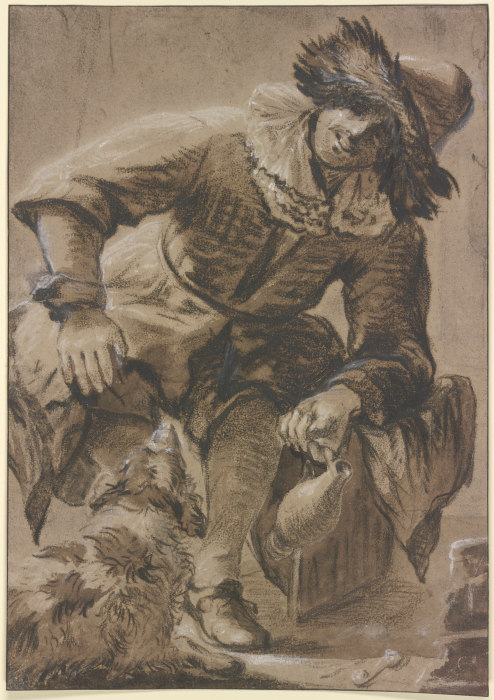 Sitzender Mann mit Pelzmütze und Weinkrug, dabei ein Hund od Johannes Vermeer