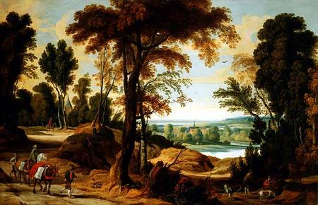 A wooded river landscape with figures on a road od Jan Wildens