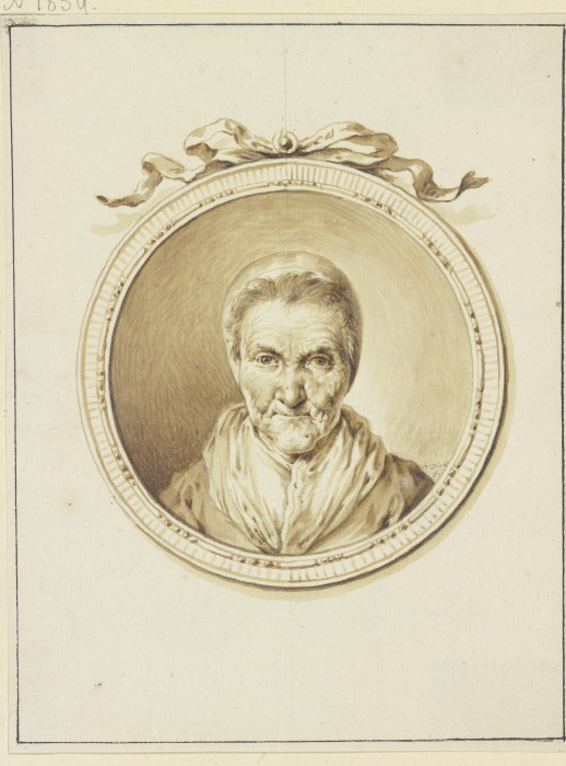 Bildnis einer alten Frau en face in einem Medaillon mit Schmuckband od Januarius Zick