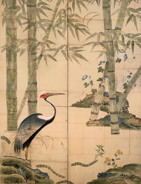 Pine and Bamboo and Cranes (w/c on panel) od Japanese School