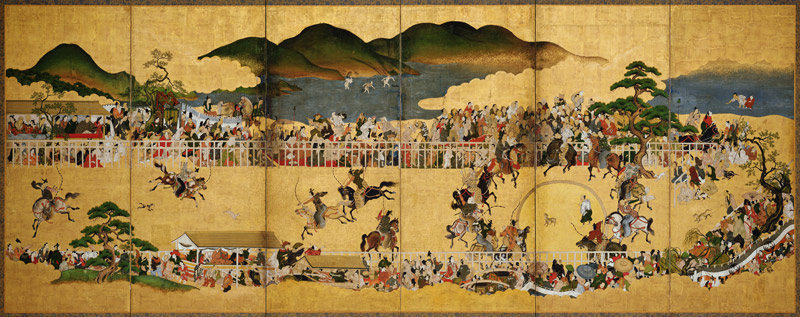 Six-fold Screen Depicting a Dog Chasing Contest, Japanese, 1624-43 od Japanese School