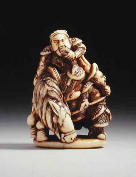 Netsuke in the form of a Chinese warrior on horseback with his attendant od Japanese School