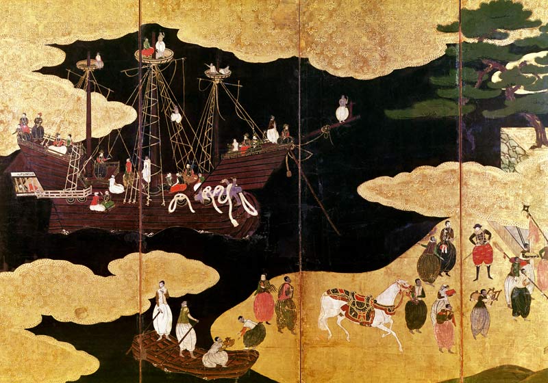 The Arrival of the Portuguese in Japan, detail of the left-hand section of a folding screen, Kano Sc od Japanese School