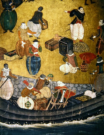 The Arrival of the Portuguese in Japan, detail of unloading merchandise, from a Namban Byobu screen, od Japanese School