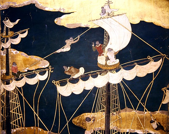 The Arrival of the Portuguese in Japan, detail of ship''s mast and crow''s nest, from a Namban Byobu od Japanese School