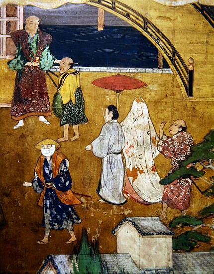 The Arrival of the Portuguese in Japan, detail of a street scene, from a Namban Byobu screen, 1594-1 od Japanese School