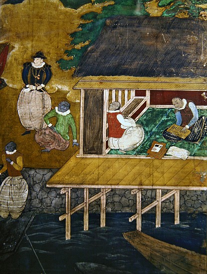 The Arrival of the Portuguese in Japan, detail of a house on stilts, from a Namban Byobu screen, 159 od Japanese School