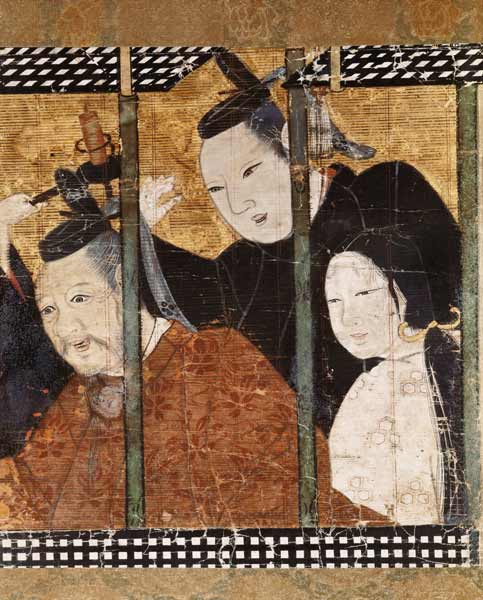 Two men and a woman behind an awning, detail from a screen, 15th-18th century od Japanese School
