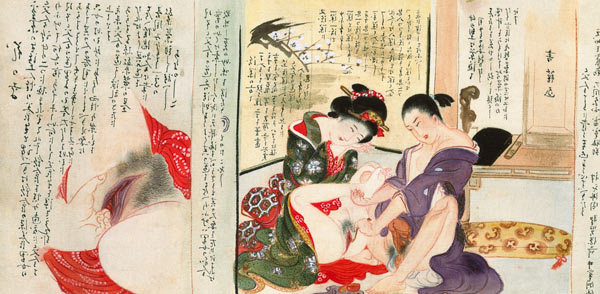 Two Erotic Illustrations from a scroll (w/c on silk) od Japanese School