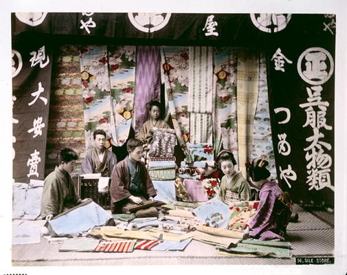 Japanese Silk and Fabric Shop, c.1900 (hand coloured photo) od Japanese School, (20th century)