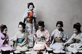 Young Japanese Girls Eating Noodles, c.1900 (hand coloured photo)