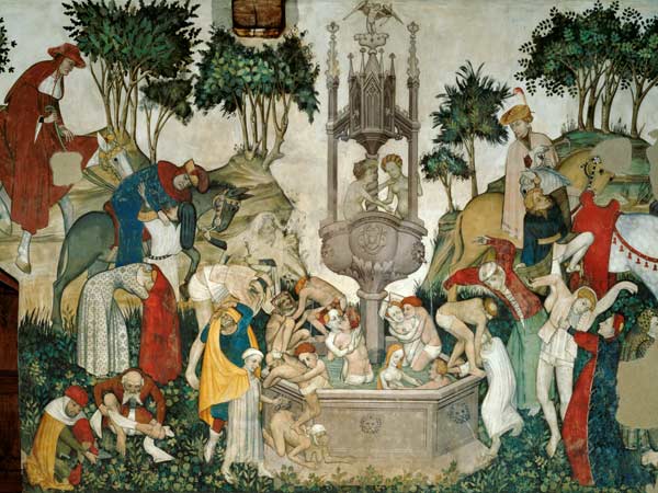 The Fountain of Life, detail of people arriving and bathing in the fountain od Jaquerio