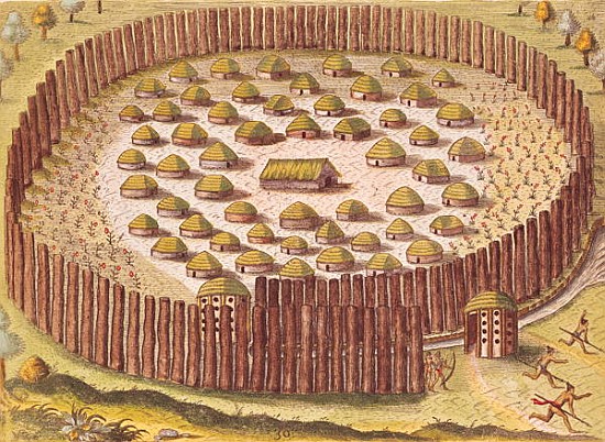 Fortified Indian Village, from ''Brevis Narratio...'', published by Theodore de Bry, 1591(detail of  od J.(de Morgues) Bry Th. (1528-98) after Le Moyne