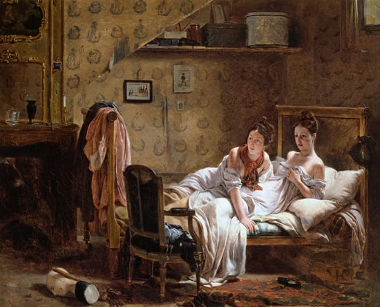 Two Women in a Bed disturbed by a Cat od Jean Alphonse Roehn