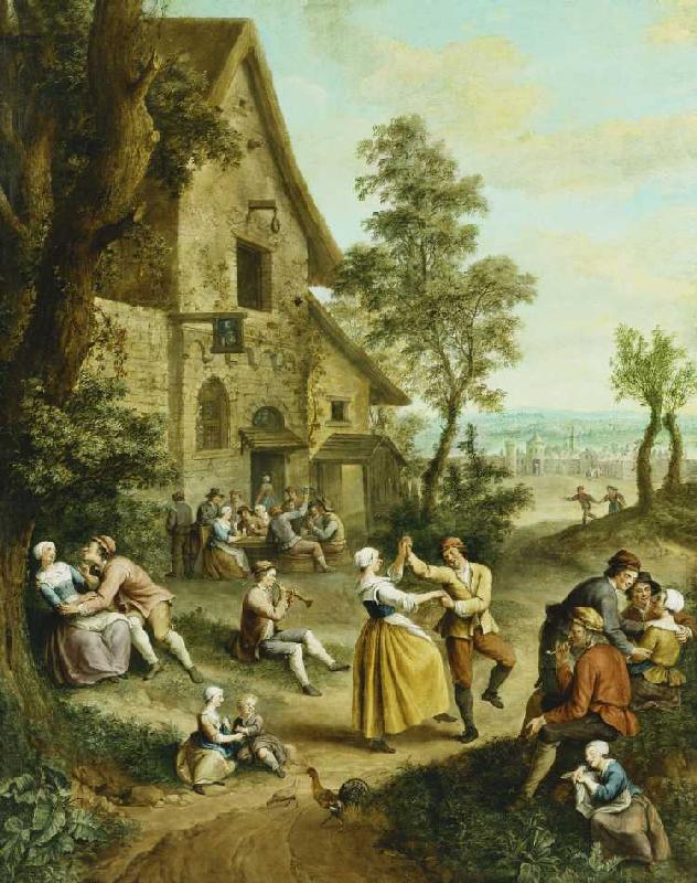 Bauern tanzen vor einer Taverne. od Jean-Antoine Watteau