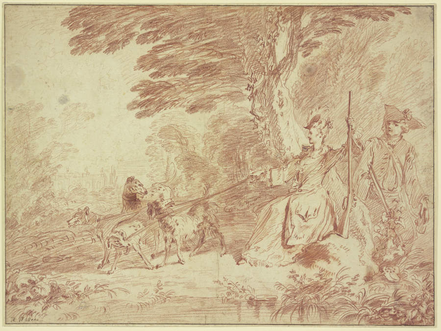 Jagdpartie, Jägerin und Jäger mit vier Hunden in einer Landschaft od Jean-Antoine Watteau