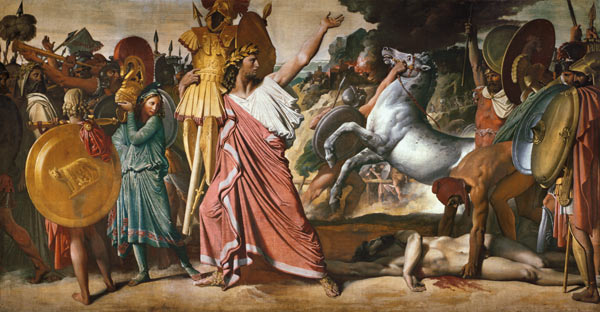 Romulus, the winner of Acron, carries the rich spoils into the Zeustempel od Jean Auguste Dominique Ingres