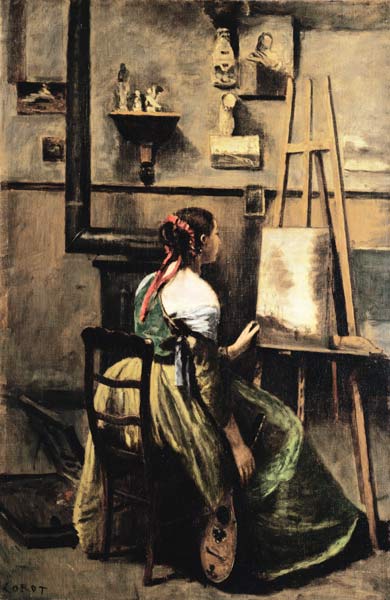The Studio of Corot, or Young woman seated before an Easel, 1868-70 (oil on canvas) od Jean-Babtiste-Camille Corot