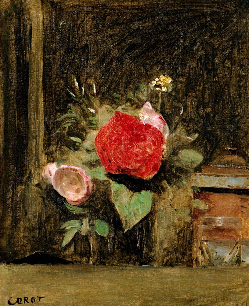 Bouquet of Flowers in a Glass beside a Tobacco Pot od Jean-Babtiste-Camille Corot
