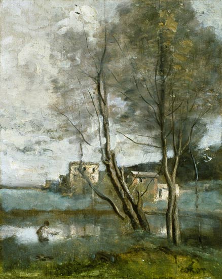 Angler and houses od Jean-Babtiste-Camille Corot