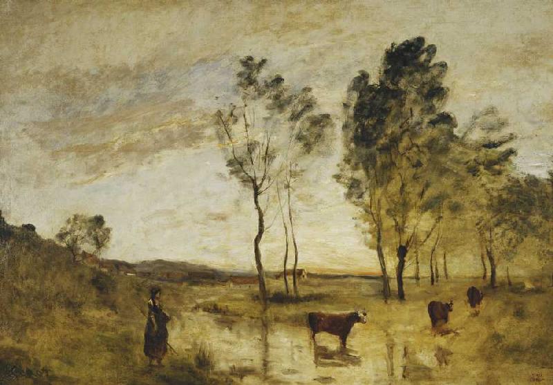 Die Furt, Kühe an einer Furt od Jean-Babtiste-Camille Corot