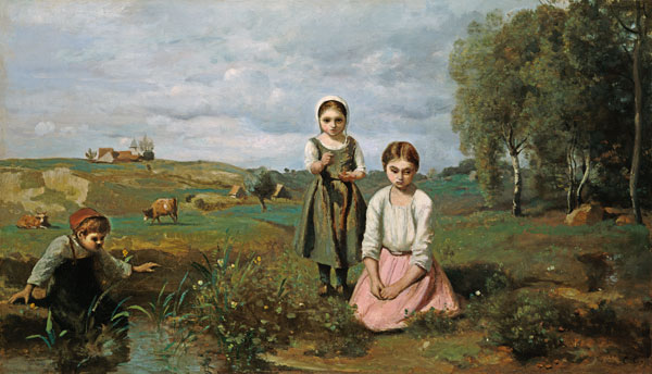 Children beside a brook in the countryside, Lormes (oil on canvas) od Jean-Babtiste-Camille Corot
