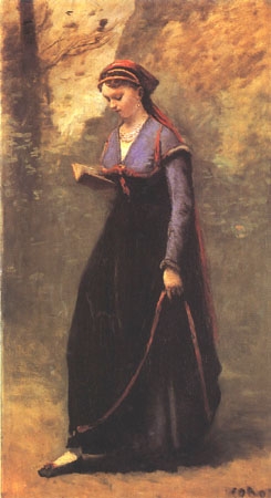 Reading girl in the velvet skirt od Jean-Babtiste-Camille Corot