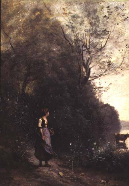 A Peasant Woman Grazing a Cow at the Edge of a Forest od Jean-Babtiste-Camille Corot