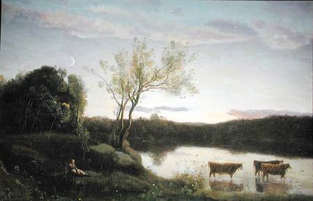 A Pond with three Cows and a Crescent Moon od Jean-Babtiste-Camille Corot