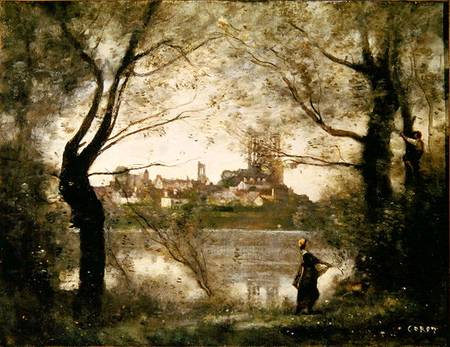View of the Town and Cathedral of Mantes Through the Trees, Evening od Jean-Babtiste-Camille Corot