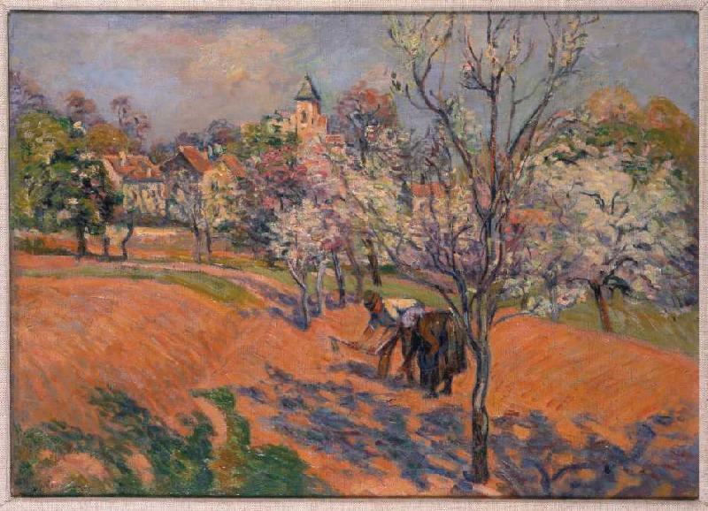 Farmers at the Bohnensäen under blossoming fruit-trees od Jean-Baptiste Armand Guillaumin