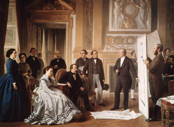 Louis Visconti (1791-) Presenting the New Plans for the Louvre to Napoleon III (1808-73) od Jean Baptiste Ange Tissier
