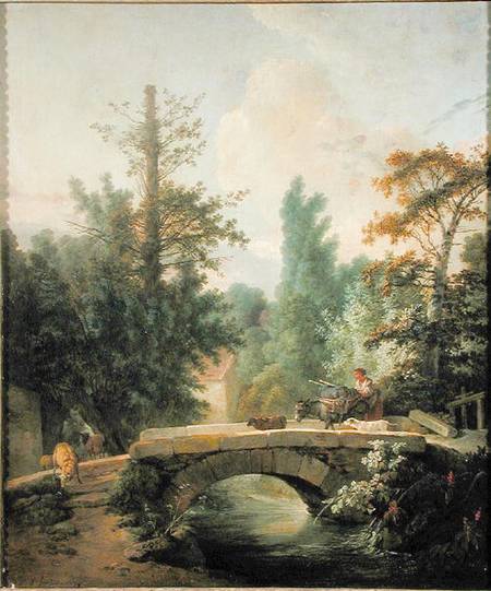 Peasant and her Donkey Crossing a Bridge od Jean-Baptiste Huet