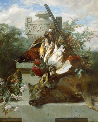 Hunting still life with birds, deer and flowers od Jean Baptiste Robie
