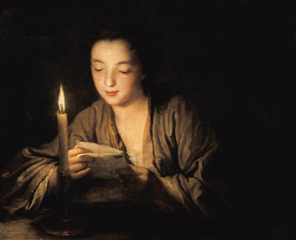 Mädchen, bei Kerzenlicht einen Brief lesend od Jean Baptiste Santerre