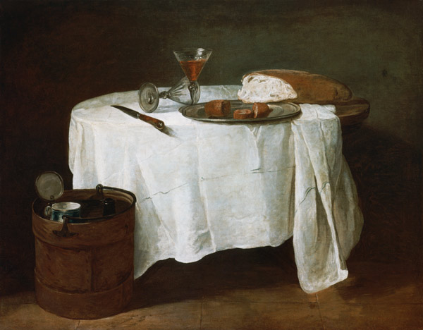 Bread, sausage and two wine-glasses on a round table. od Jean-Baptiste Siméon Chardin