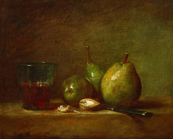 Hrušky, vlašské o&#345;echy a pohár vína  od Jean-Baptiste Siméon Chardin