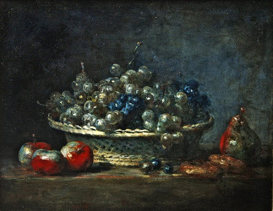 Still life: grape basket with three apples, a pears and two marzipans od Jean-Baptiste Siméon Chardin